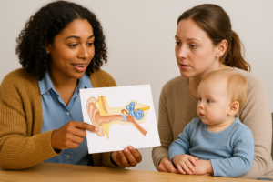 Professional laat plaatje van oor zien aan ouder met kindje op schoot